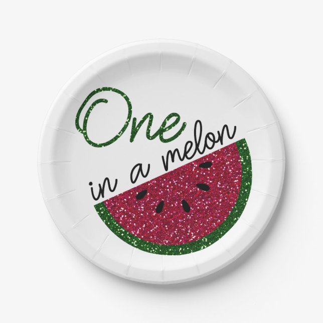 one in a melon, glitter watermelon paper plates (Front)