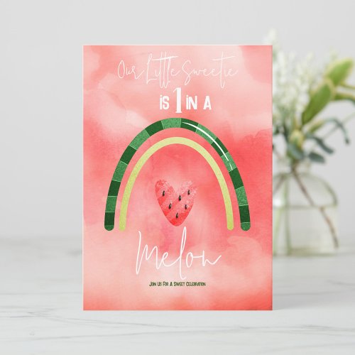 One in a Melon Heart Watermelon First Birthday Invitation