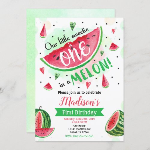One in a Melon Invitation Watermelon 1st Birthday Invitation