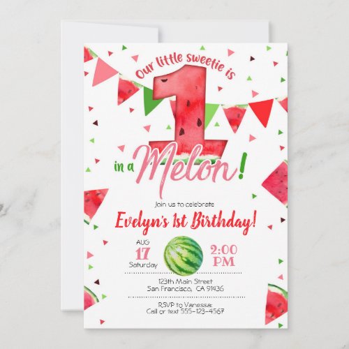 One in a Melon Invitation Watermelon 1st Birthday Invitation