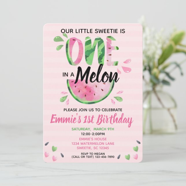 One in a Melon Little Girl First Birthday Invite (Standing Front)