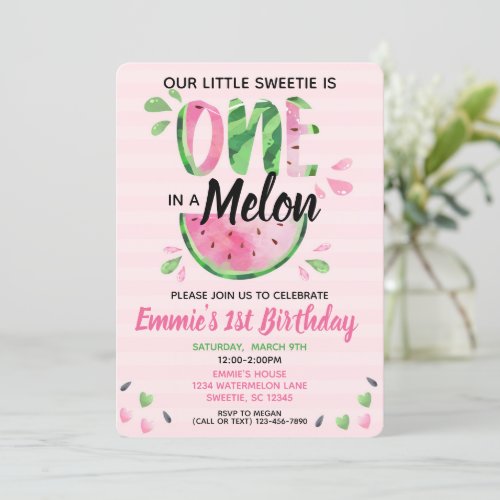 One in a Melon Little Girl First Birthday Invite