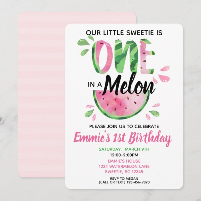 One in a Melon Little Girl First Birthday Invite (Front/Back)