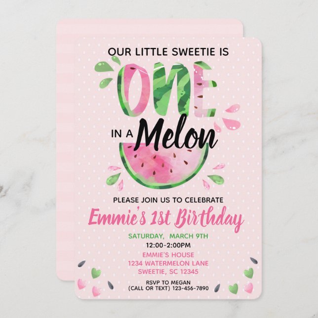One in a Melon Little Girl First Birthday Invite (Front/Back)