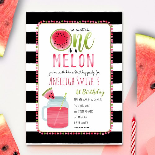 One In A Melon Mason Jar Drink First Birthday Invitation