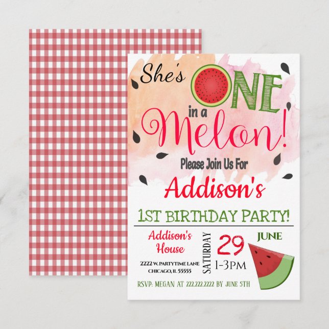 One in a Melon Party Birthday Invitation (Front/Back)