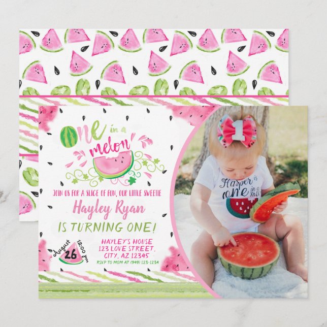 One In a Melon Photo 1st Birthday Invitation (Front/Back)