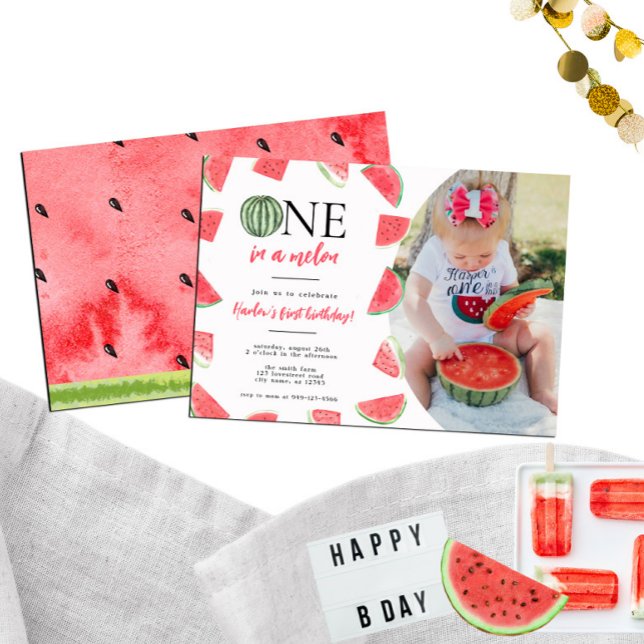 One In a Melon Photo 1st Birthday Invitation (Creator Uploaded)