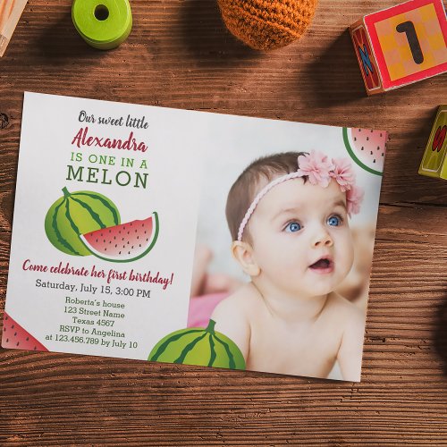 One in a Melon Photo 1st Birthday Invitation