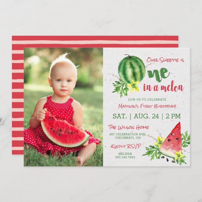 One in a Melon Photo Birthday Invitation (Front/Back)
