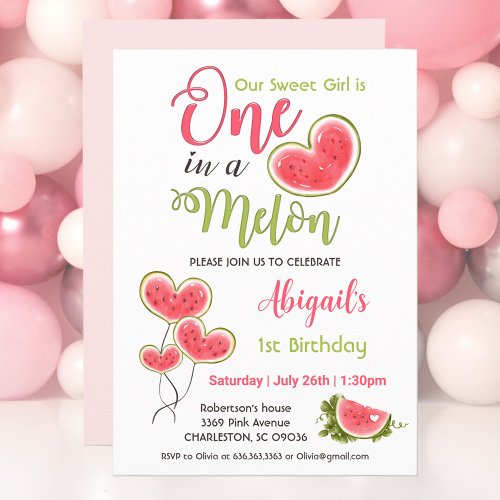 One In A Melon Pink 1st Birthday Girl Invitation