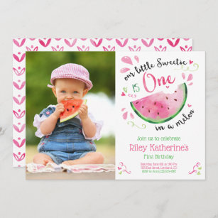 One in a Melon Pink 1st Birthday Photo Invitation