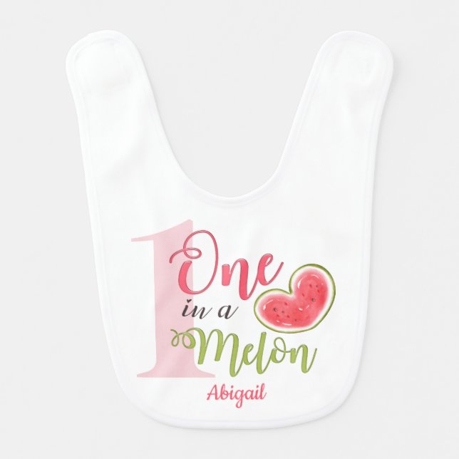 One In A Melon Pink and white 1st Birthday Girl Baby Bib (Front)