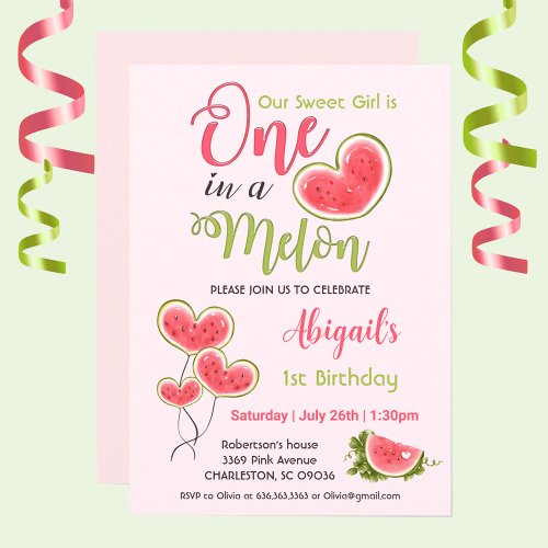 One In A Melon Pink Girl 1st Birthday Party Invitation