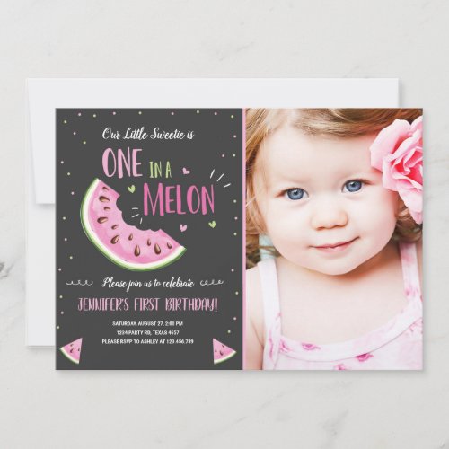 One in a Melon Pink Girl First Birthday Invitation