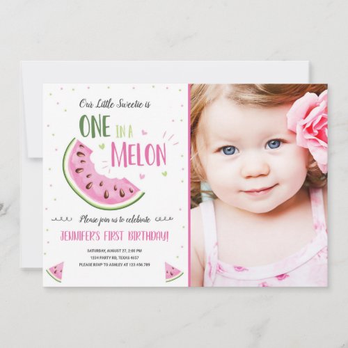 One in a Melon Pink Girl First Birthday Invitation