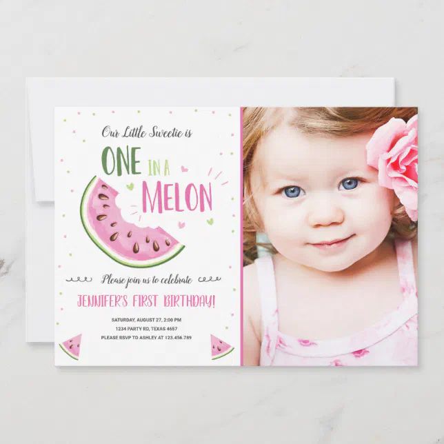 One in a Melon Pink Girl First Birthday Invitation | Zazzle