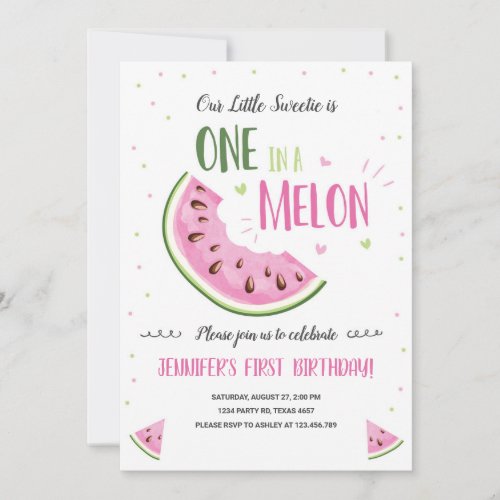 One in a Melon Pink Girl First Birthday Invitation