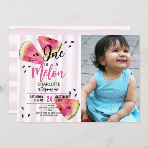 One in a Melon Pink Girls Birthday First One Photo Invitation