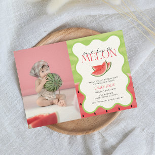 One in a MELON Pink Green Photo 1st birthday Invitation