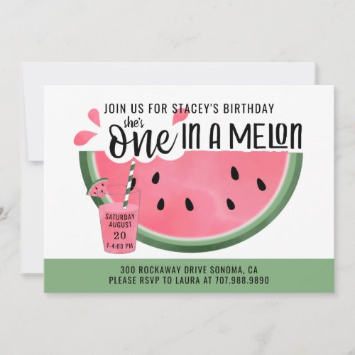 One In A Melon Pink Green Watercolor 1st Birthday Invitation