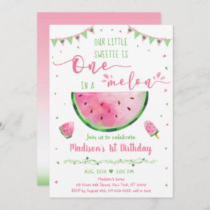 One In A Melon Pink Green Watermelon Birthday Invitation