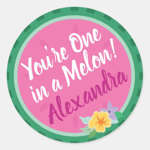 One In A Melon Pink  Green Watermelon Tropical Classic Round Sticker