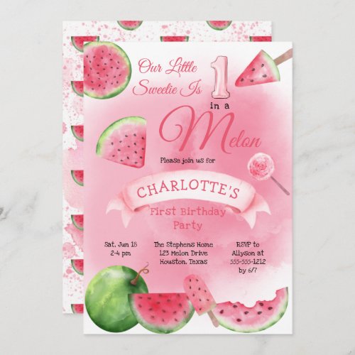 One in a Melon Pink Watermelon 1st Birthday Party  Invitation
