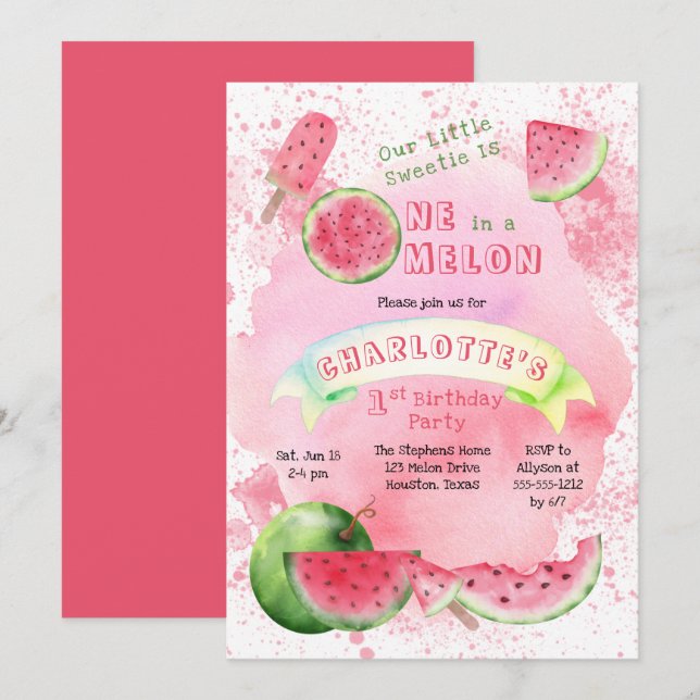 One in a Melon Pink Watermelon 1st Birthday Party  Invitation (Front/Back)