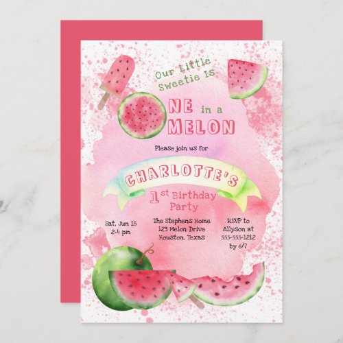 One in a Melon Pink Watermelon 1st Birthday Party  Invitation