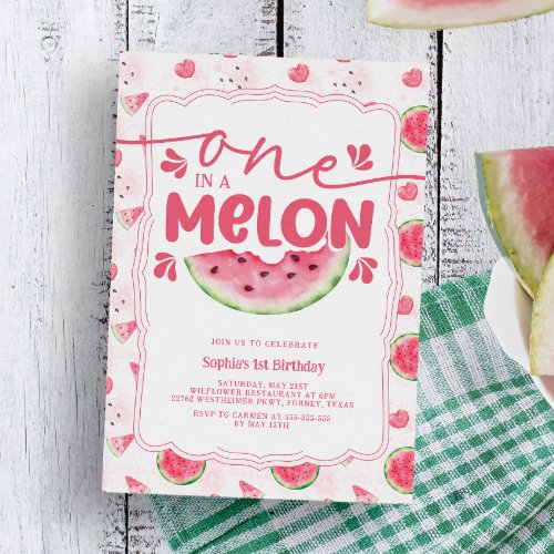 One in a Melon Pink Watermelon 1st Birthday Party Invitation