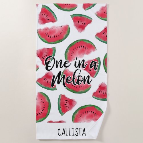 One in a Melon Quote Watermelon Watercolor Pattern Beach Towel