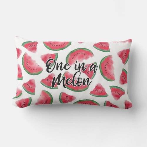 One in a Melon Quote Watermelon Watercolor Pattern Lumbar Pillow