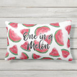 One in a Melon Quote Watermelon Watercolor Pattern Lumbar Pillow<br><div class="desc">This cute and modern fruity foodie pattern is perfect for the summer season. It features a black brushstroke typography quote, "One in a melon, " on top of artsy hand-drawn and hand-patined red, black, white, and green watercolor watermelon fruit pattern. It's fun, playful, and unique! ***IMPORTANT DESIGN NOTE: For any...</div>