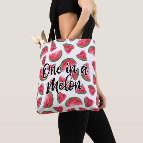 One in a Melon Quote Watermelon Watercolor Pattern Tote Bag