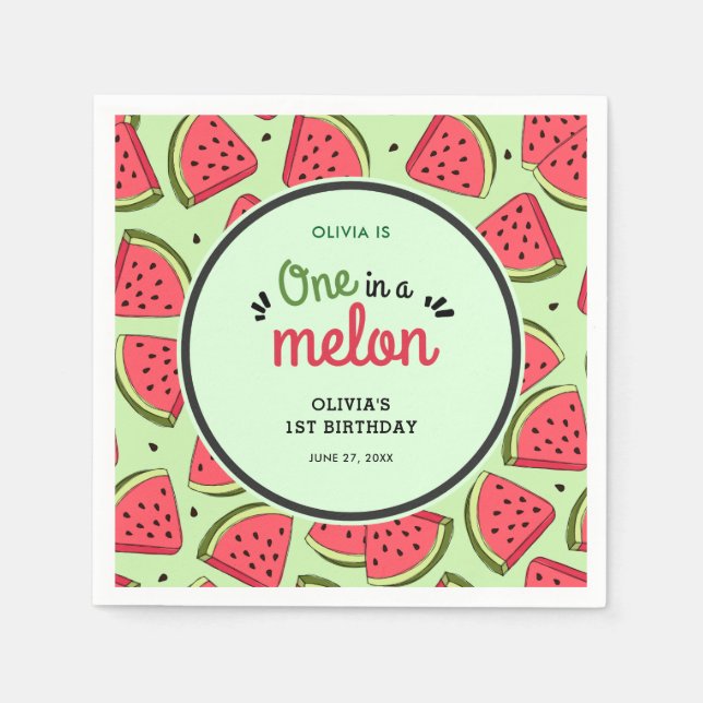One in a Melon Summer Watermelon 1st Birthday  Napkins (Front)