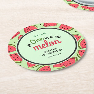 One in a Melon Summer Watermelon 1st Birthday Round Paper Coaster