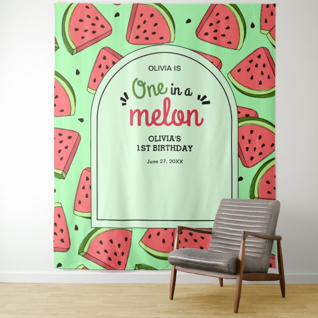 One in a Melon Summer Watermelon 1st Birthday  Tapestry (In Situ)
