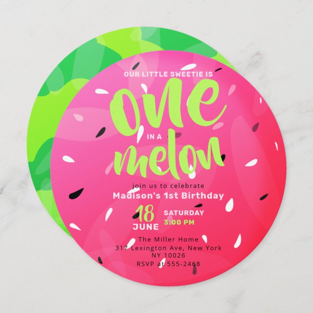 One in a Melon Sweet Summer Watermelon Birthday Invitation (Front/Back)