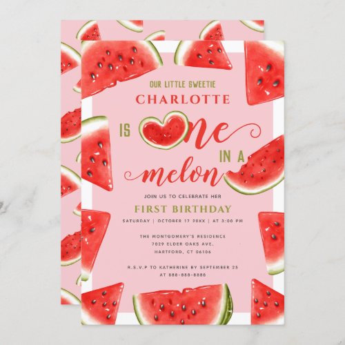 One In A Melon Sweet Watermelon Pink 1st Birthday  Invitation