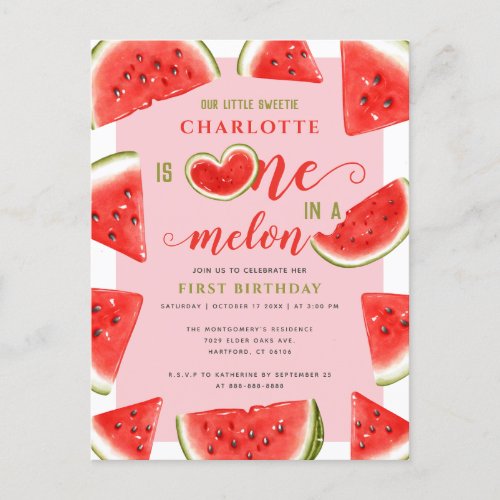 One In A Melon Sweet Watermelon Pink 1st Birthday  Postcard