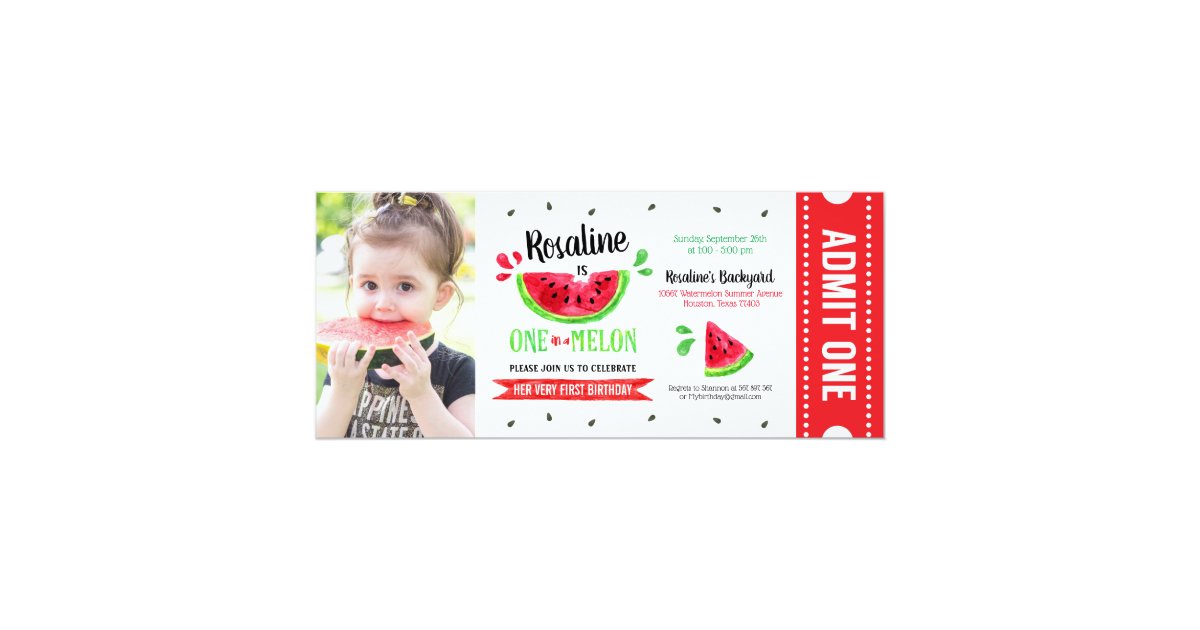 One in a melon Ticket First Birthday Photo Invitation