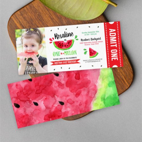 One in a melon Ticket First Birthday Photo Invitation