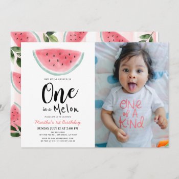 One In A Melon Watercolor 1st Birthday Photo Invit Invitation by rikkas at Zazzle
