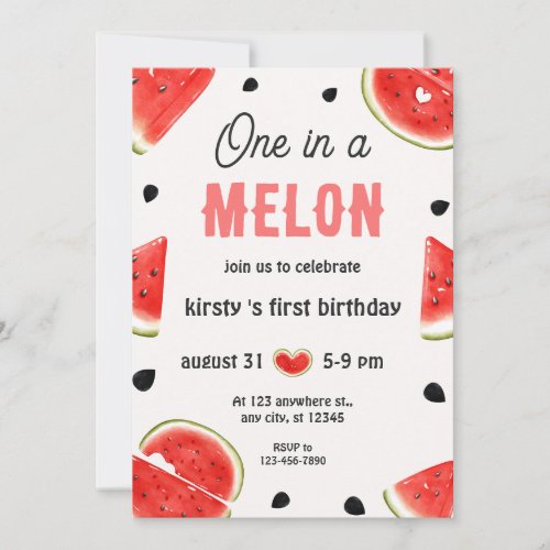 One in a Melon Watercolor First Birthday  Invitation