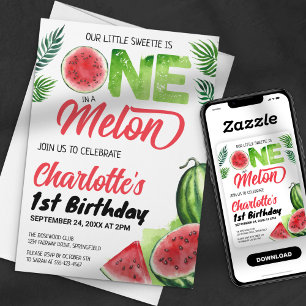 One in a Melon Watercolor Watermelon 1st Birthday Invitation
