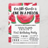 One in a Melon Watercolor Watermelon 1st Birthday Invitation (Front/Back)