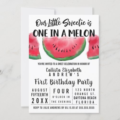 One in a Melon Watercolor Watermelon 1st Birthday Invitation