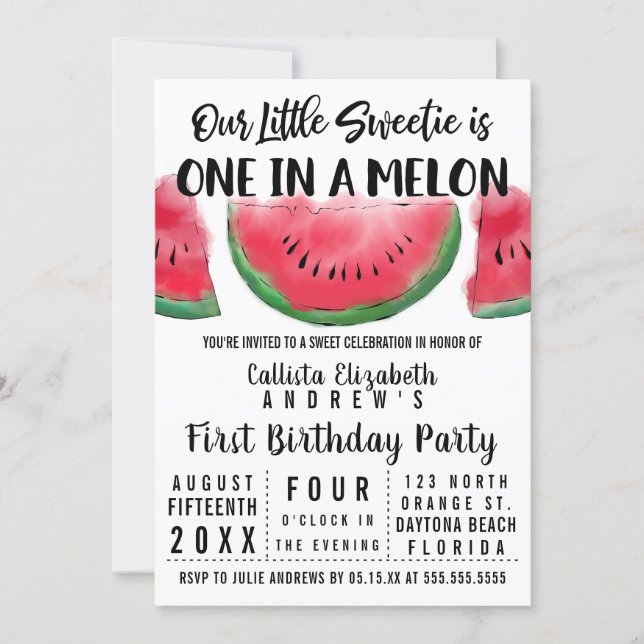 One in a Melon Watercolor Watermelon 1st Birthday Invitation (Front)