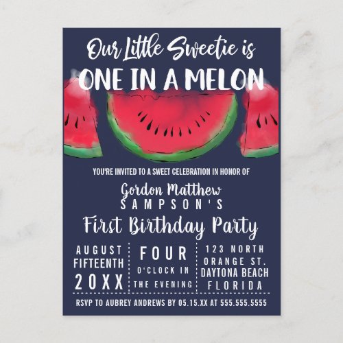 One in a Melon Watercolor Watermelon 1st Birthday Invitation Postcard